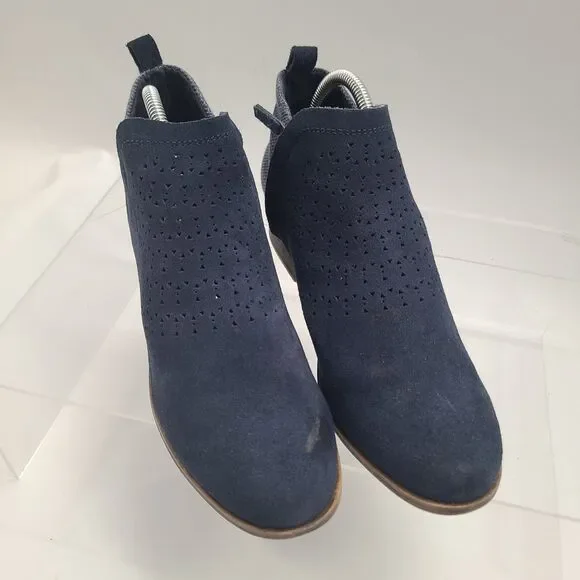 Toms Boots Womens 10 Deia Ankle Booties Blue Suede Side Zip Block Heels 10010981 - Picture 1 of 9